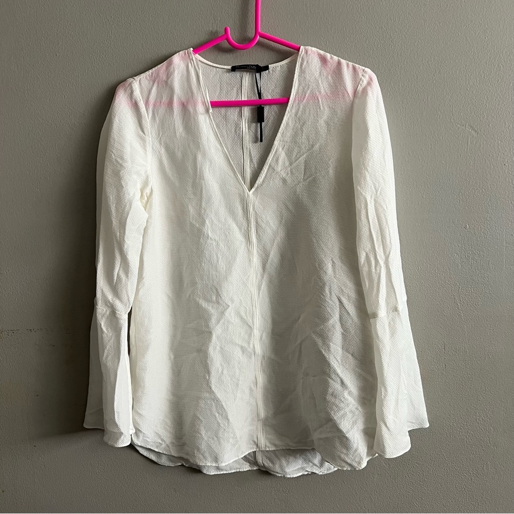 Massimo Dutti V-Neck Tunic Blouse Top Bell Sleeves Viscose Silk Boho Coastal 4